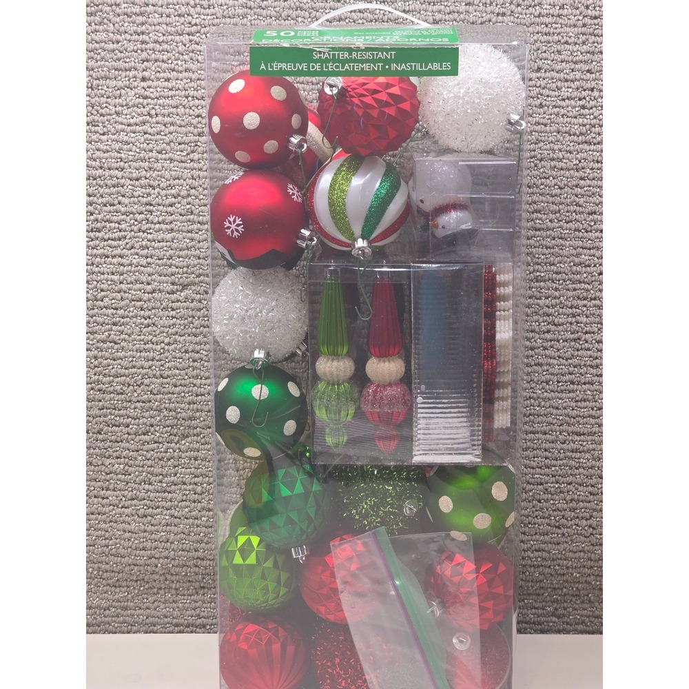Costco 50 Piece Shatter Resistant Christmas Ornament Set Red Green White 956276